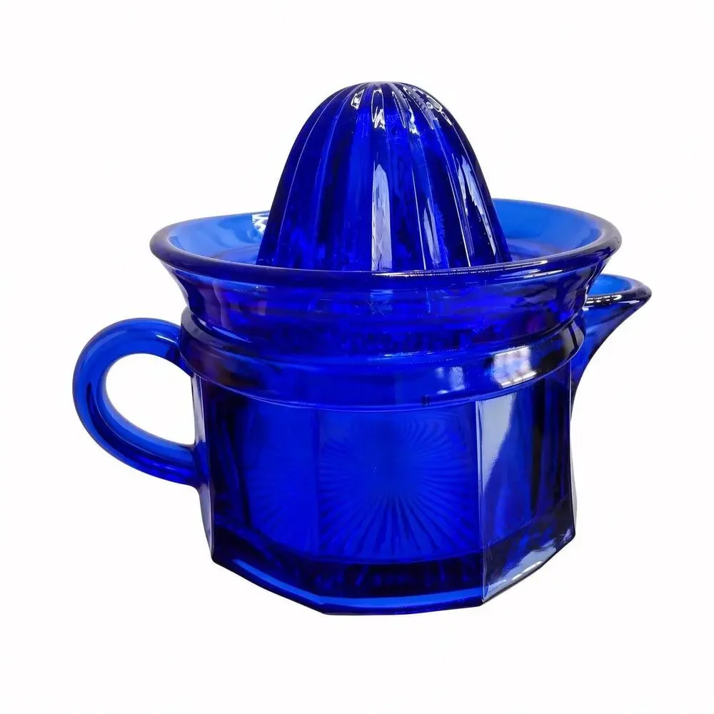 Vintage Cobalt Blue Glass Citrus Juicer, Reamer Set, Starburst Base, Kitchen